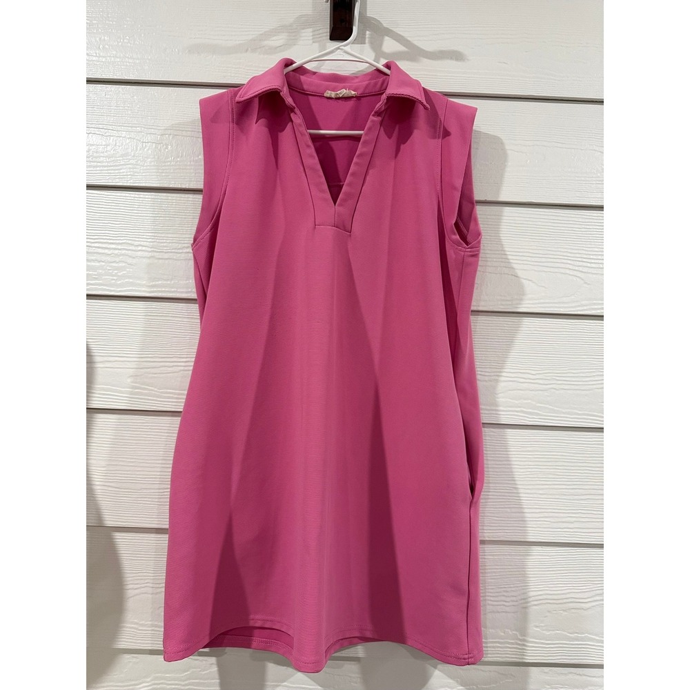 B- 045- Entro Pink Sleeveless Polo Dress Ribbed V-Neck Shift with Pockets